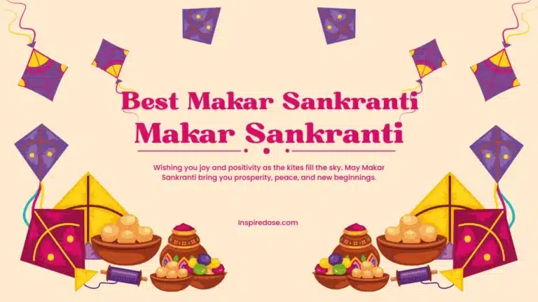 100 best Makar Sankranti quotes in English with colorful kites and sunrise