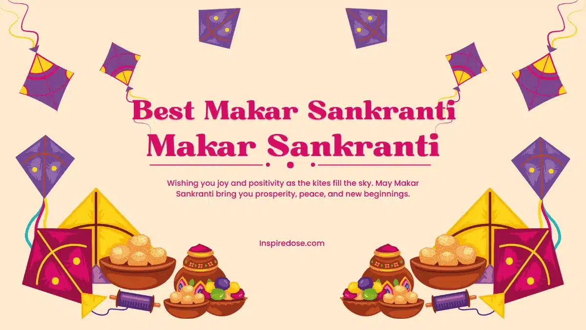 100 best Makar Sankranti quotes in English with colorful kites and sunrise