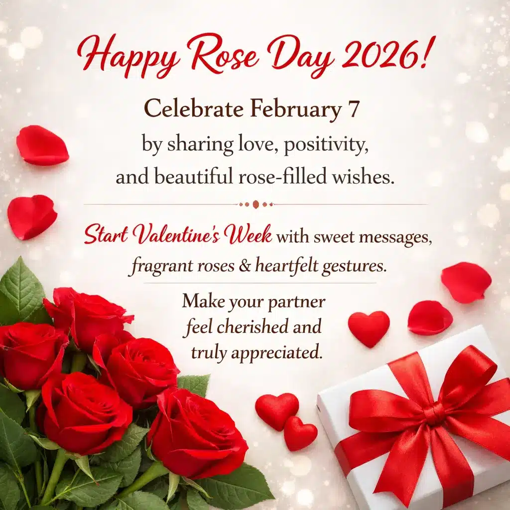 “Romantic Rose Day 2026 greeting card featuring red roses, soft bokeh lights, and a heartfelt message expressing love and affection.”